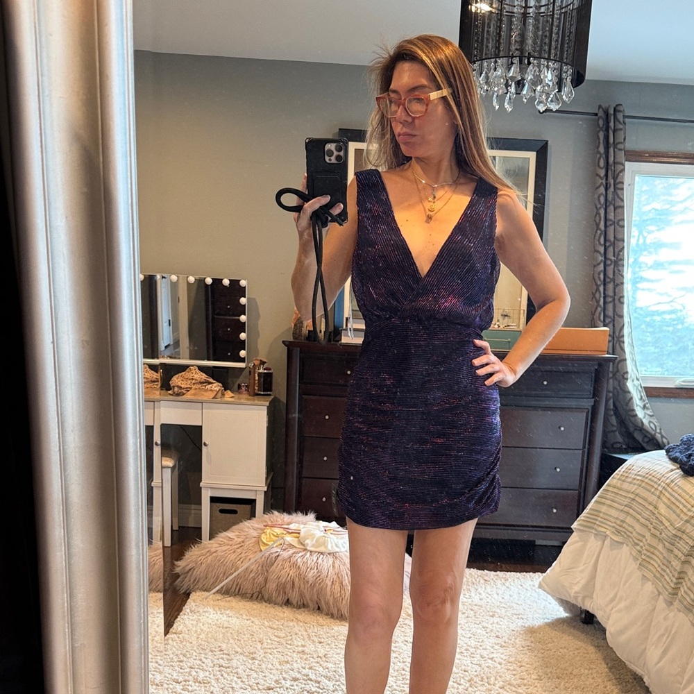 Lulus Shining Stunner black/purple multi lurex glitter ruched bodycon dress L